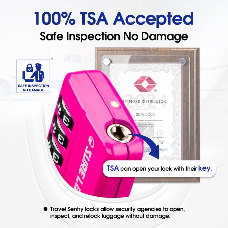 SURE LOCK TSA Approved 4-Digit Resettable Combination Luggage Locks with Open Alert, Easy-Read Dials - for Luggage, School Lockers, Gym, Office, Toolbox & Security Cases (Pink 1 Pack) - Image 2